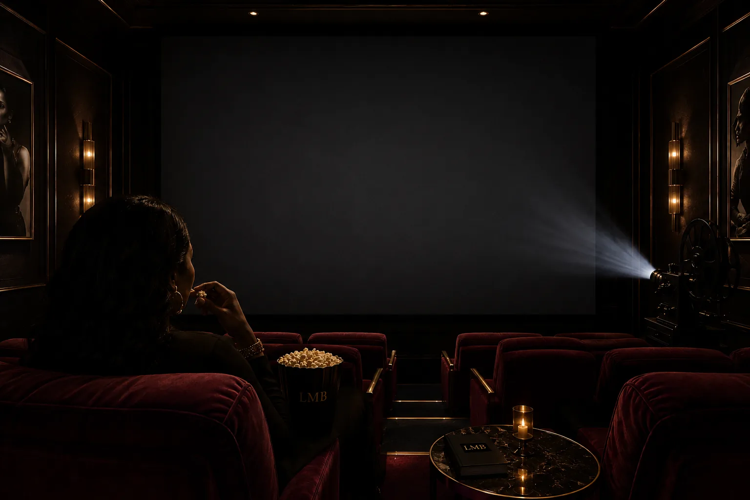 A private screening room — LeDiedra seated in red velvet, the projector running toward the screen